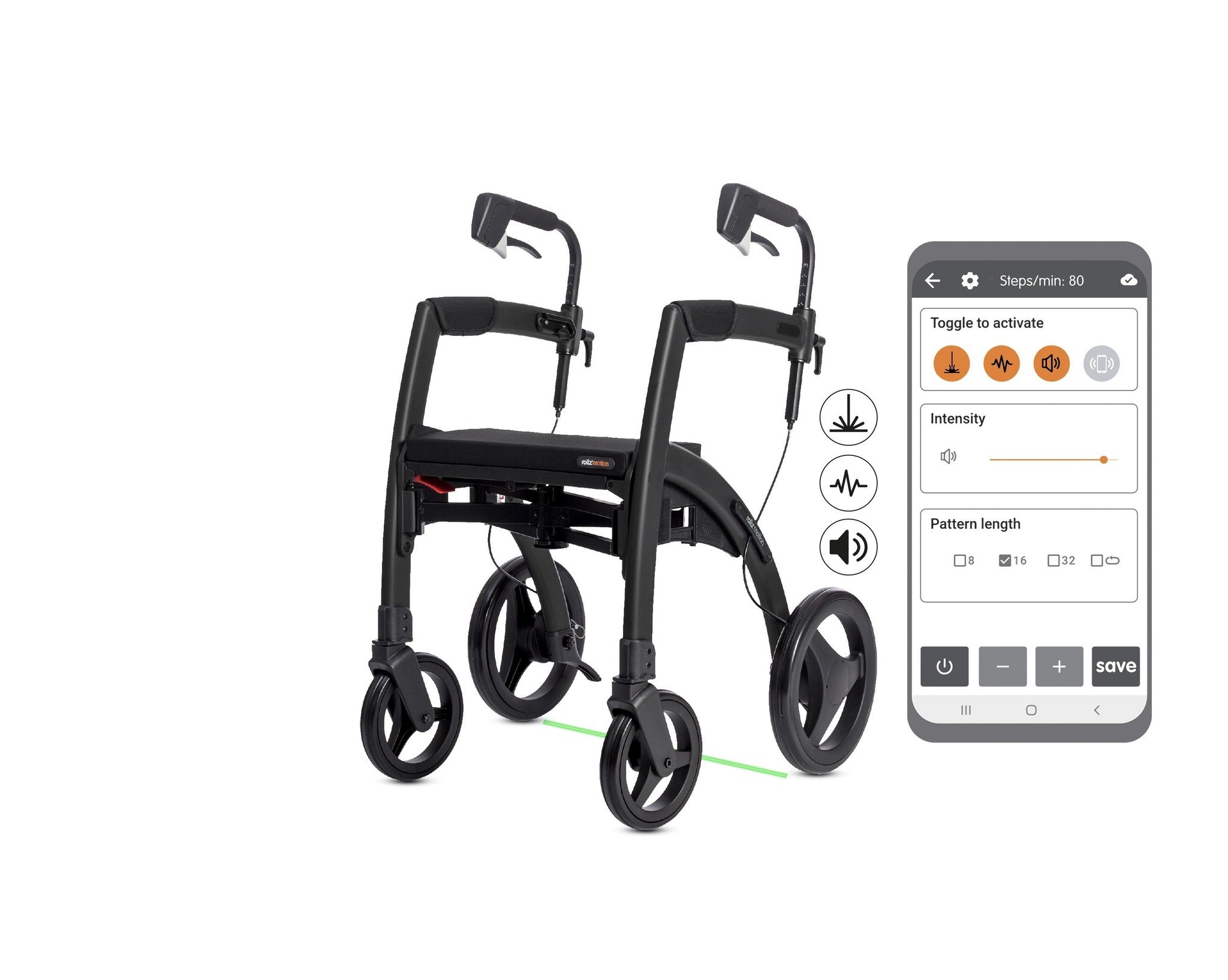 Rollz Motion Rhythm mat zwart parkinson rollator met cues